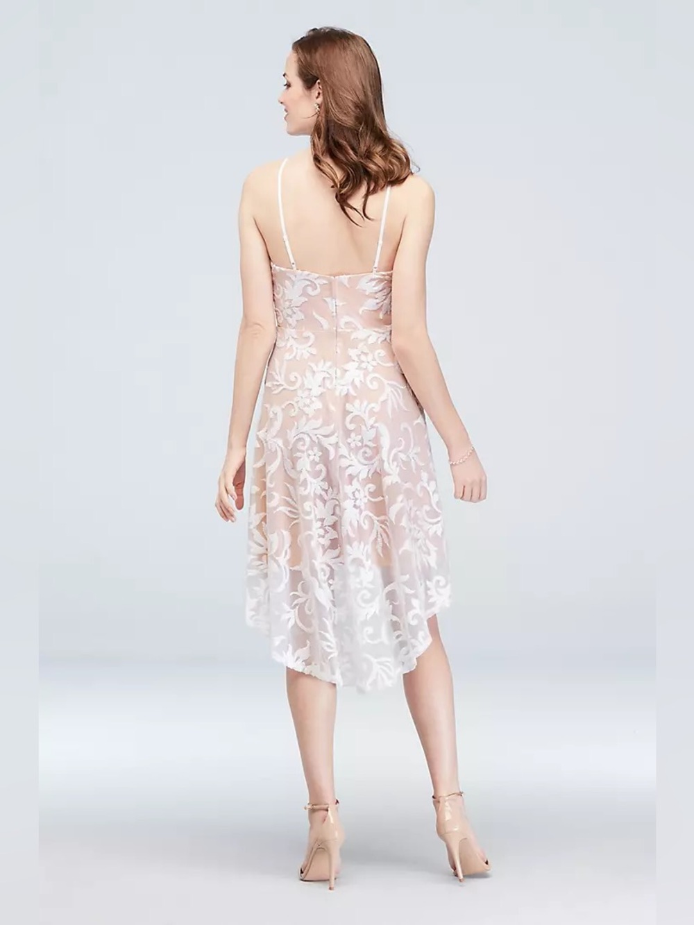 David’s Bridal beige and white sequin high low dress